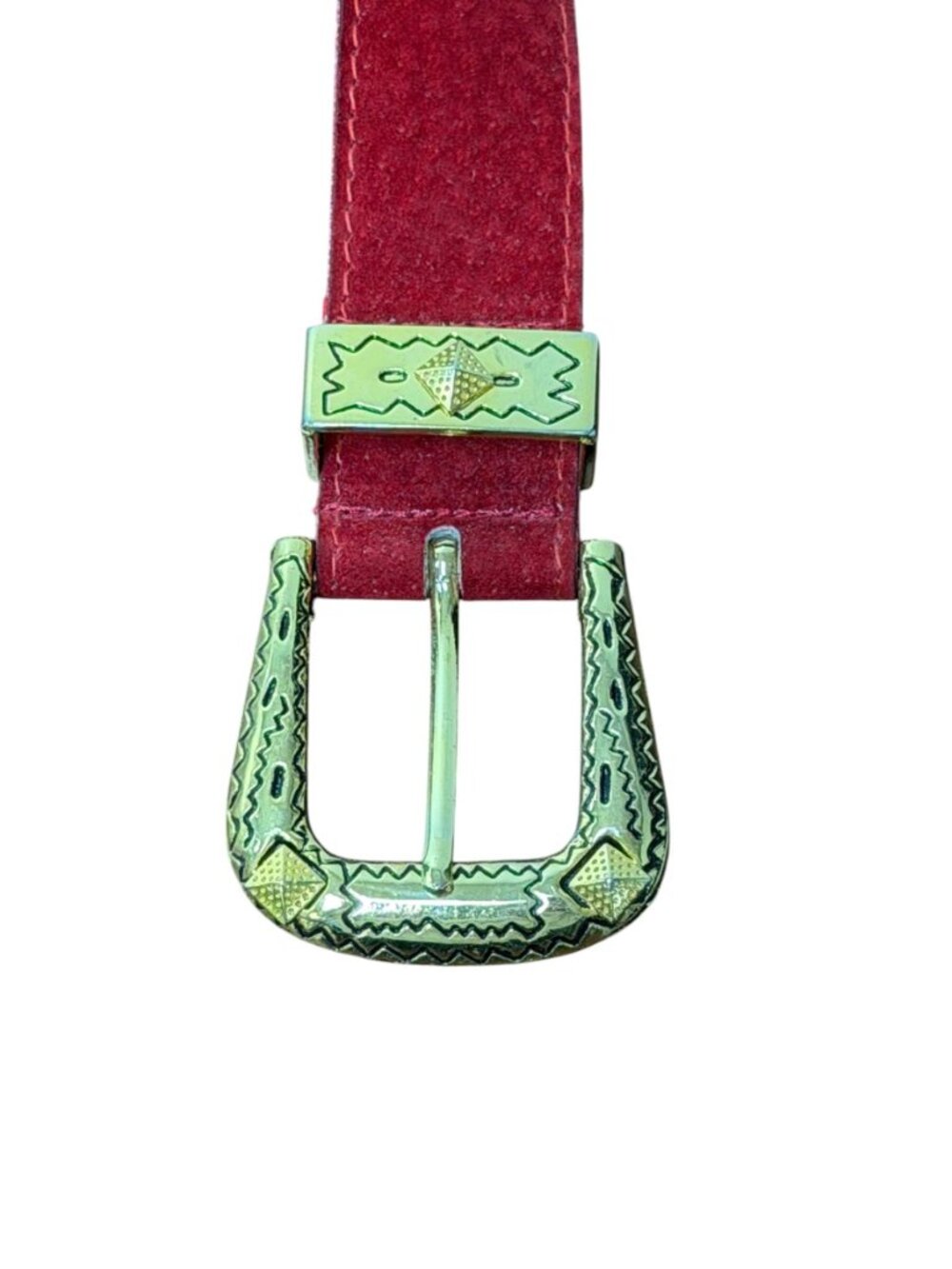 1990s bejeweled leather suede belt red with gold buckle by Gail Labelle Size S - Picture 8 of 10